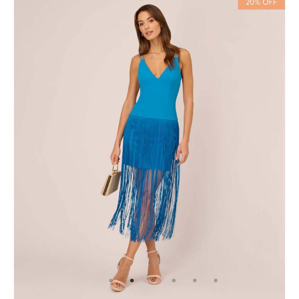 ADRIANNA PAPELL FRINGE DRESS WITH DOUBLE SPAGHETTI STRAPS V BACK size 10 NWT